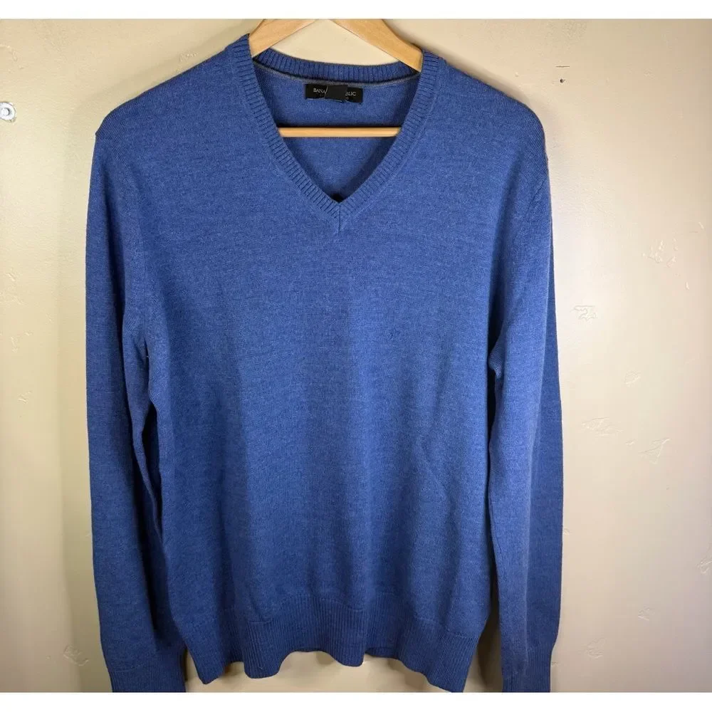 Banana Republic‎ Mens Large Merino Wool Vneck Blue Pullover Sweater Classic